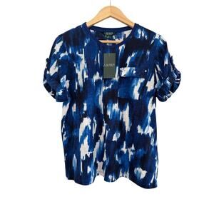 NWT Lauren Ralph Lauren Abstract Blouse Womens XL Blue Boho Chic Casual Artsy